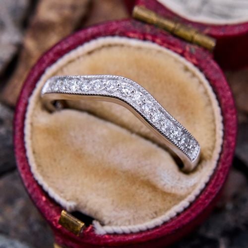 Curved Milgrain Diamond Wedding Band Ring 14K White Gold