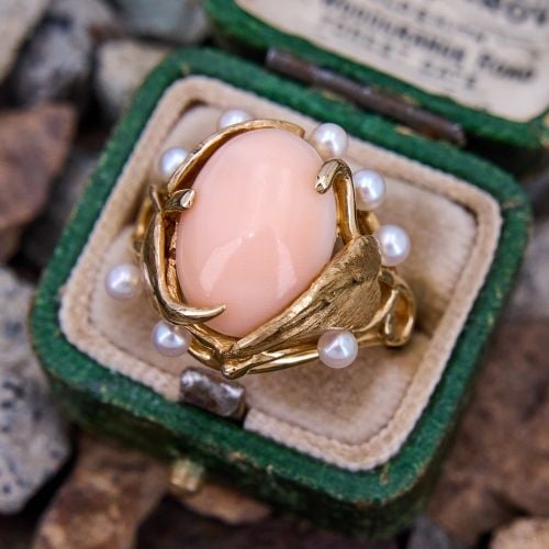 Vintage Angel Skin Coral Pearl Ring 14K Yellow Gold