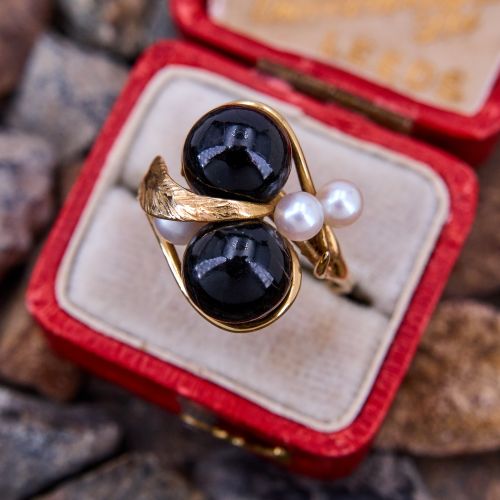 Black Coral Bead & Pearl Ring 14K Yellow Gold