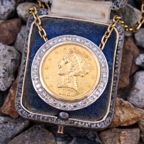 1880 US Liberty Head Coin w/ Diamond Bezel Pendant Necklace 14K Two Tone Gold