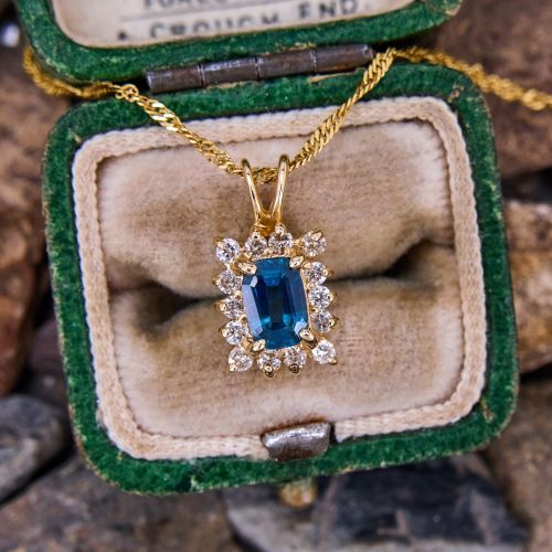 Emerald Cut Sapphire & Diamond Halo Pendant Necklace 14K Yellow Gold
