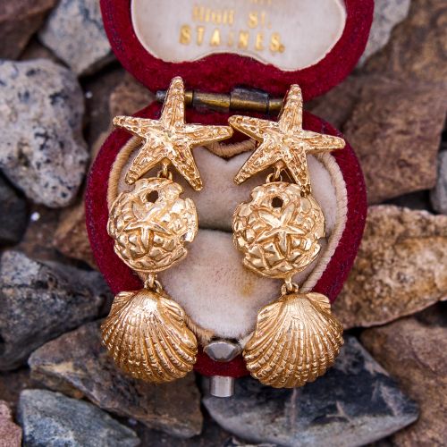 Sea Motif Dangle Earrings 14K Yellow Gold