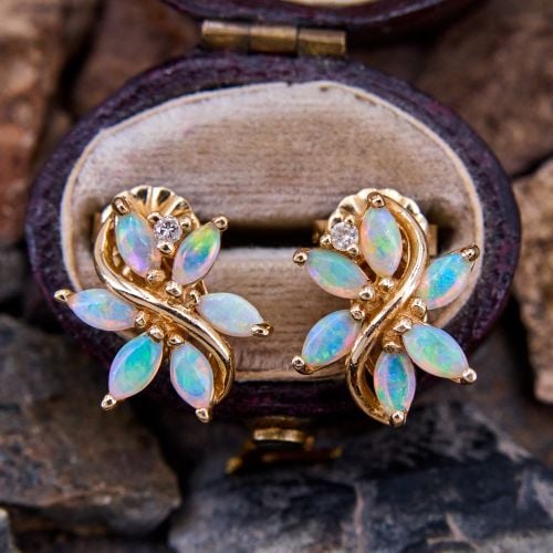 Floral Motif Opal & Diamond Earrings 14K Yellow Gold