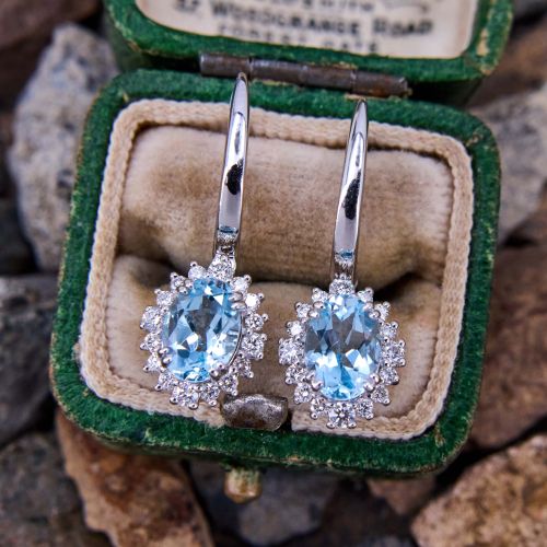 Aquamarine & Diamond Dangle Earrings 14K White Gold