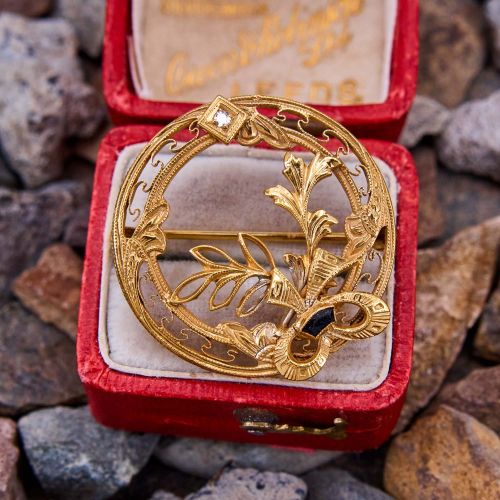 Antique Diamond Wreath Brooch Pin 14K Yellow Gold