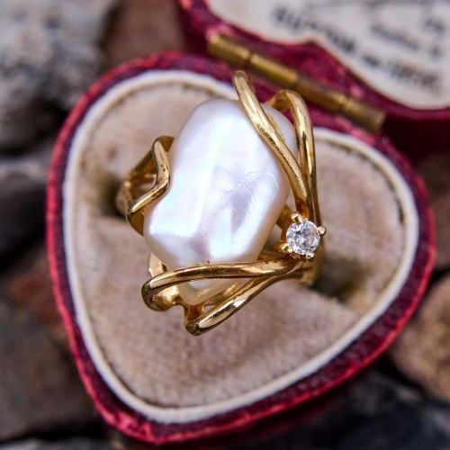 Baroque Pearl Diamond Ring 14k Yellow Gold 