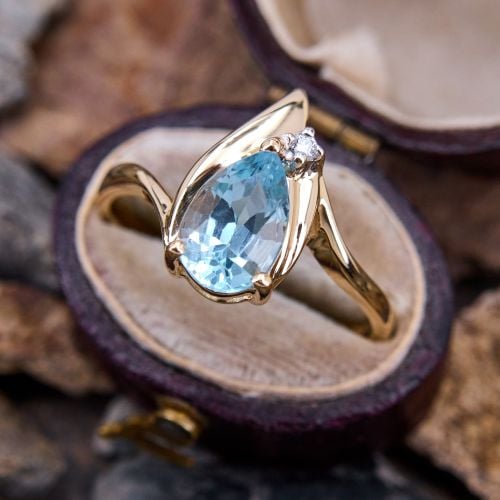 Petite Pear Cut Blue Topaz & Diamond Ring 14K Yellow Gold 