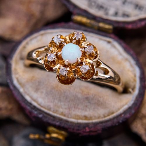 Vintage Opal & Rose Cut Diamond Flower Ring Yellow Gold