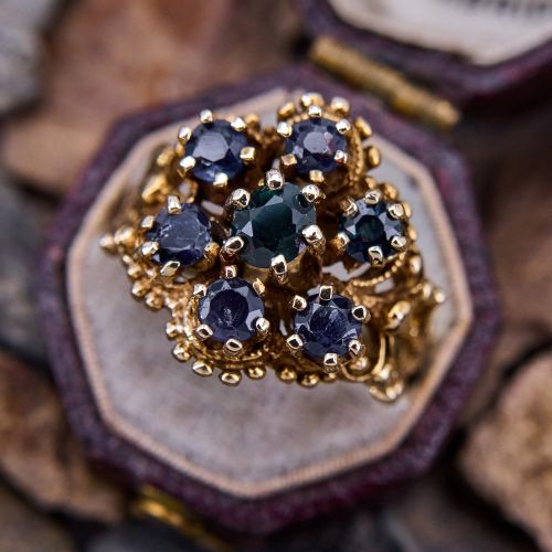 Detailed Sapphire Flower Motif Ring 14K Yellow Gold