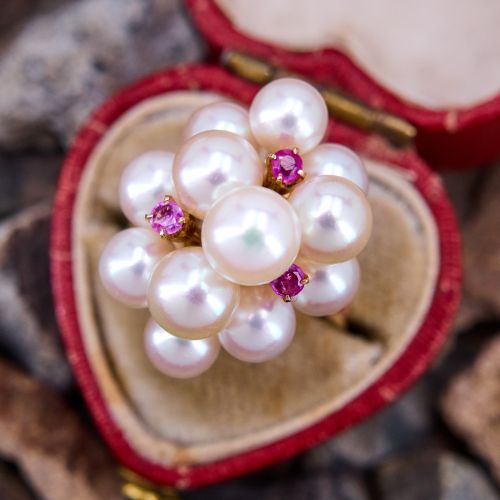 Saltwater Pearl & Ruby Cluster Ring 14K Yellow Gold