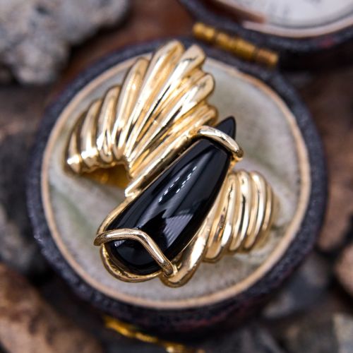 Fabulous Fluted Shoulder Onyx Ring 14K Yellow Gold
