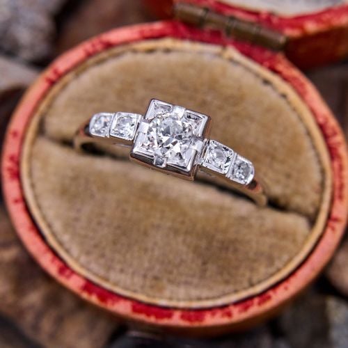 1930s Transitional Cut Diamond Engagement Ring 18K White Gold .18Ct H/VS2