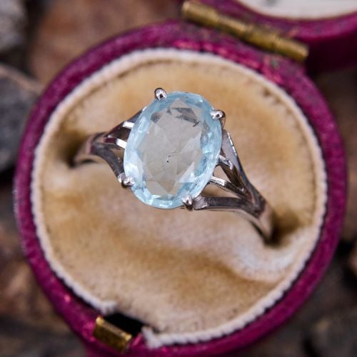 Vintage Oval Aquamarine Solitaire Ring 18K White Gold