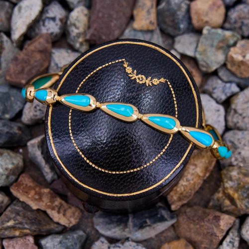 Teardrop Cabochon Turquoise Link Bracelet 14K Yellow Gold