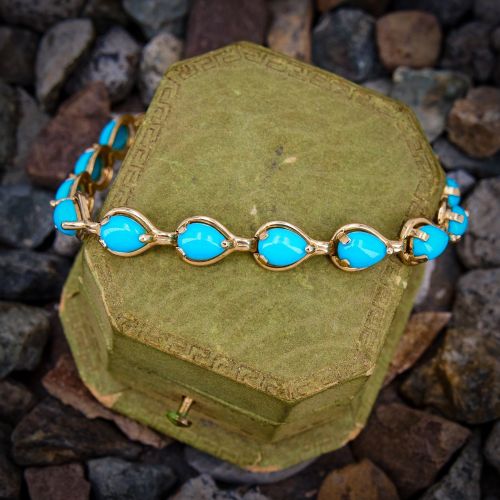 Pear Cabochon Lab Created Turquoise Bracelet 14K Yellow Gold