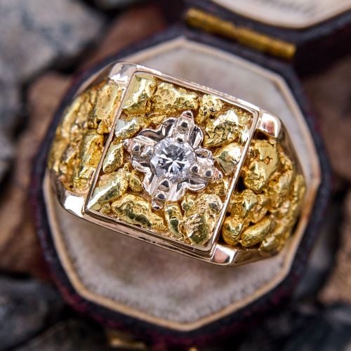 Mens Gold Nugget Diamond Statement Ring Yellow Gold