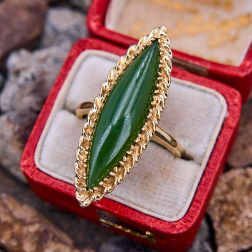 Marquise Cabochon Nephrite Jade Ring 14K Yellow Gold