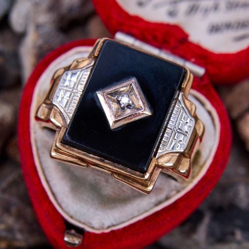 Antique Mens Onyx Ring w/ Diamond Accent Yellow & White Gold