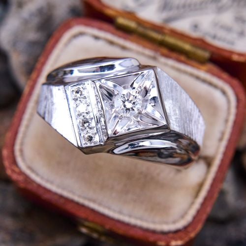 Mens Vintage Diamond Ring 14K White Gold