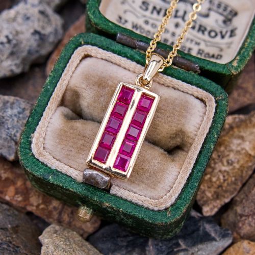 Square Cut Ruby Pendant Necklace 14K Yellow Gold