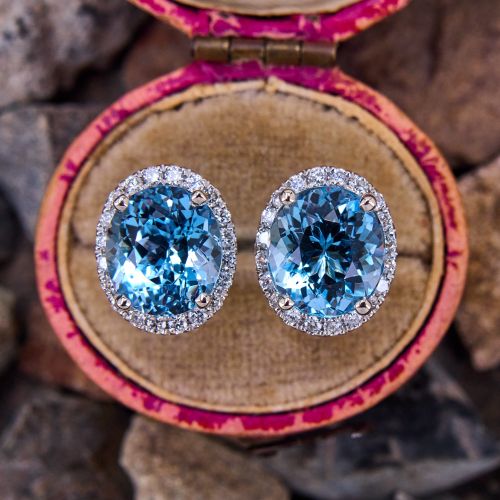 Aquamarine Diamond Halo Earrings 14K White Gold