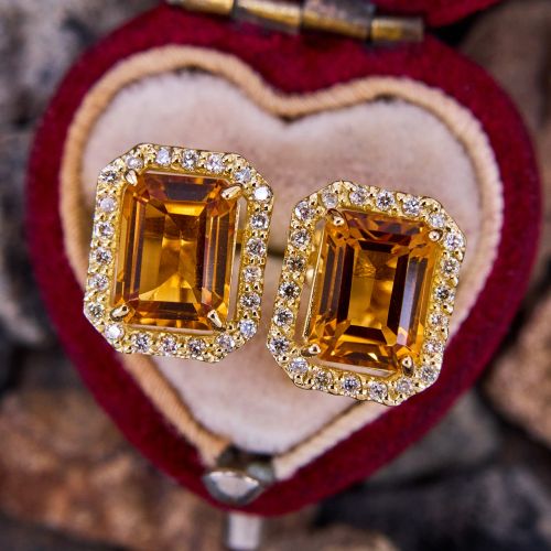 Emerald Cut Citrine Earrings w/ Diamond Halo 18K Yellow Gold