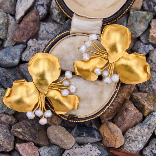 Beautiful Matte Gold Pearl Flower Earrings 18K Yellow Gold
