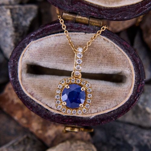 Sapphire Pendant Necklace w/ Diamond Halo 14K Yellow Gold 