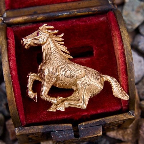 Galloping Horse Brooch Pin w/ Ruby Eye 14K Yellow Gold