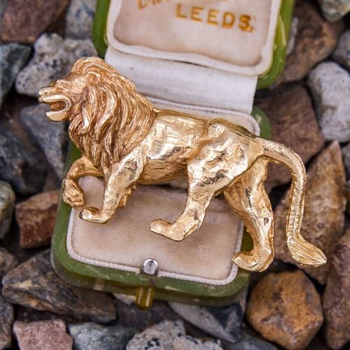 Vintage Textured Lion Brooch Pin 14K Yellow Gold