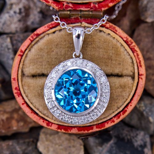 Swiss Blue Topaz & Diamond Halo Pendant Necklace 14K White Gold