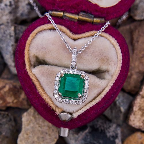 Square Emerald & Diamond Pendant Necklace 14K White Gold