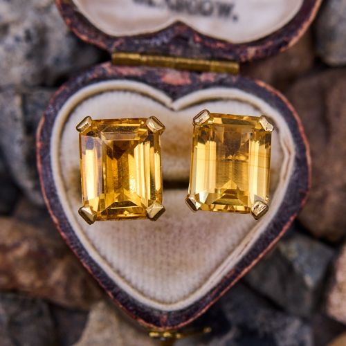Emerald Cut Citrine Stud Earrings 14K Yellow Gold