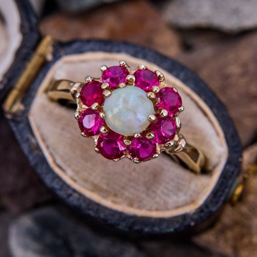 Floral Lab Created Ruby & Opal Ring 14K Yellow Gold
