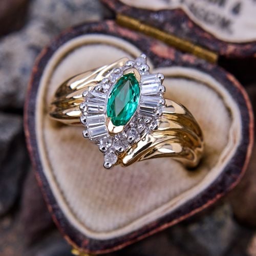 Lab Created Emerald Ring w/ Diamond Halo 14K Yellow Gold