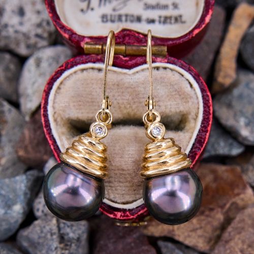 Tahitian Pearl Drop Earrings w/ Diamonds 14K Yellow Gold