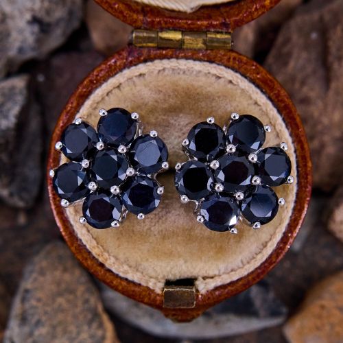 Deep Blue Floral Sapphire Earrings 14K White Gold
