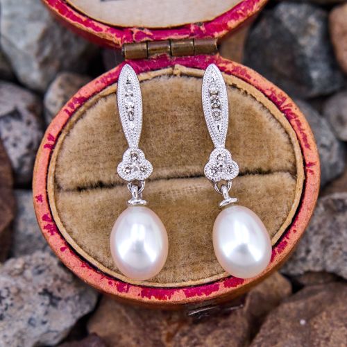 Timeless Pearl Drop Earrings w/ Diamonds 14K White Gold