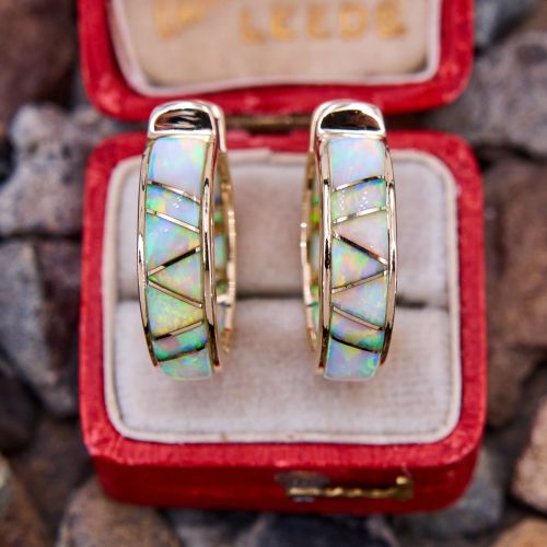 Inside Out Lab Created Opal Hoop Earrings 14K Yellow Gold