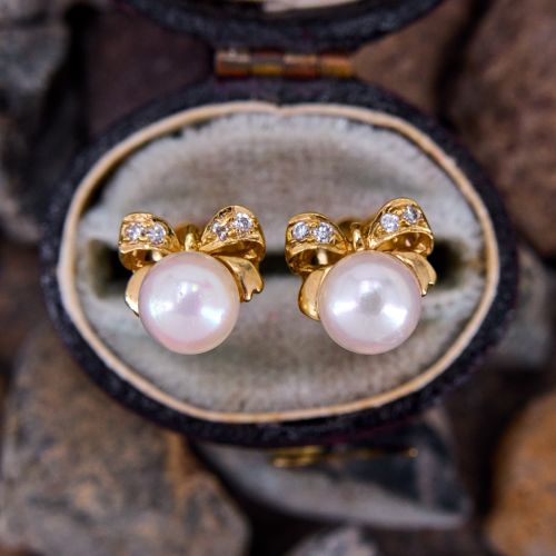 Charming Pearl Bow Earrings w/ Diamonds 14K Yellow Gold