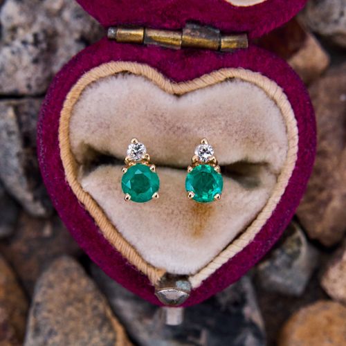 Lab Created Emerald Earrings w/ Diamond Accents 14K Yellow Gold