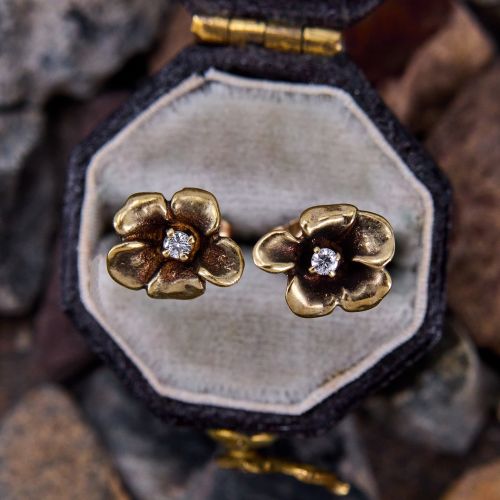 Patinated Flower Diamond Stud Earrings 14k Yellow Gold