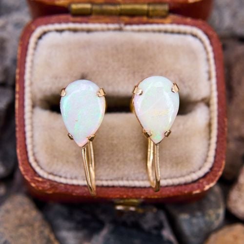 Pear Cut Opal Cabochon Clip On Earrings 14K Yellow Gold