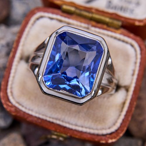 Vintage 1940s Lab Created Sapphire Ring White Gold 