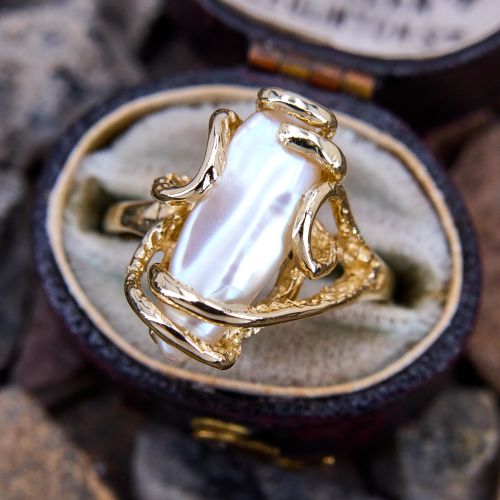 Beautiful Organic Design Baroque Pearl Ring 14K Yellow Gold