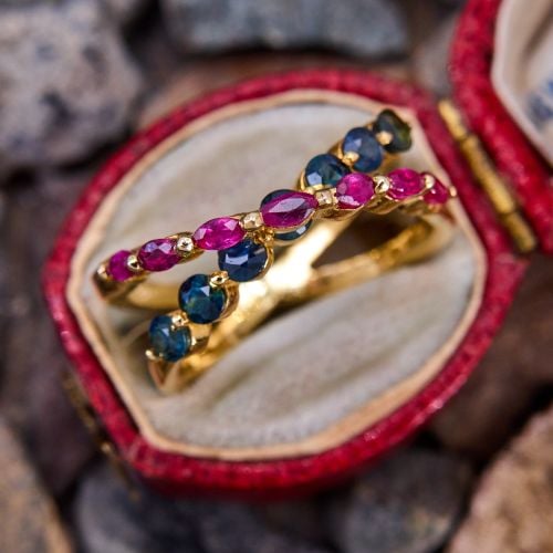 Sapphire & Ruby Crossover Ring 18K Yellow Gold