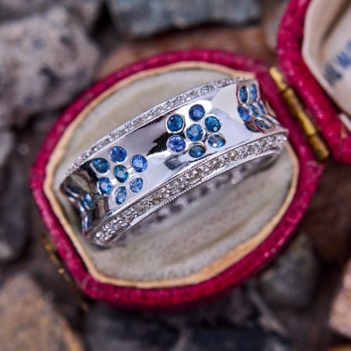 Milgrain Floral Sapphire & Diamond Band Ring 18K White Gold, Size 6