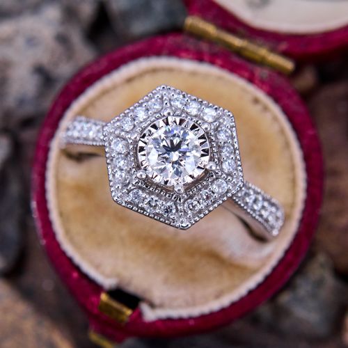 Hexagonal Halo Diamond Ring 14K White Gold 