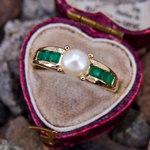 Emerald & Akoya Pearl Ring 14K Yellow Gold