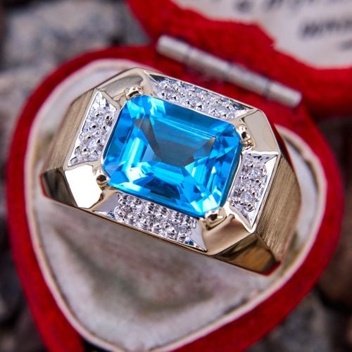 Mens Emerald Cut Swiss Blue Topaz Ring 14K Yellow Gold